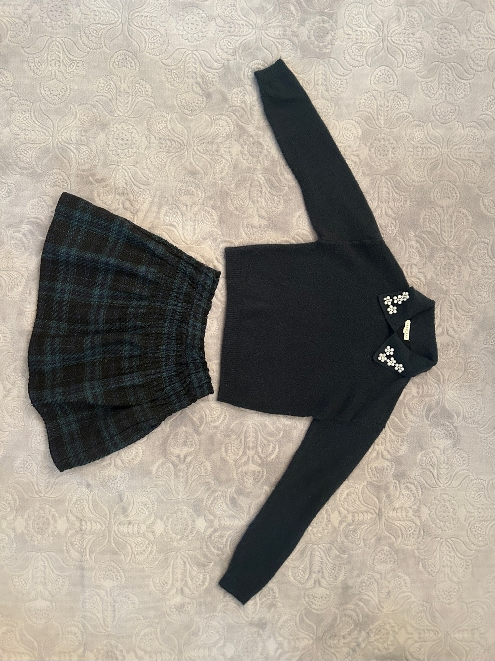 Copper Key Black Sweater with Pearl & Crystal Collar Embellishments